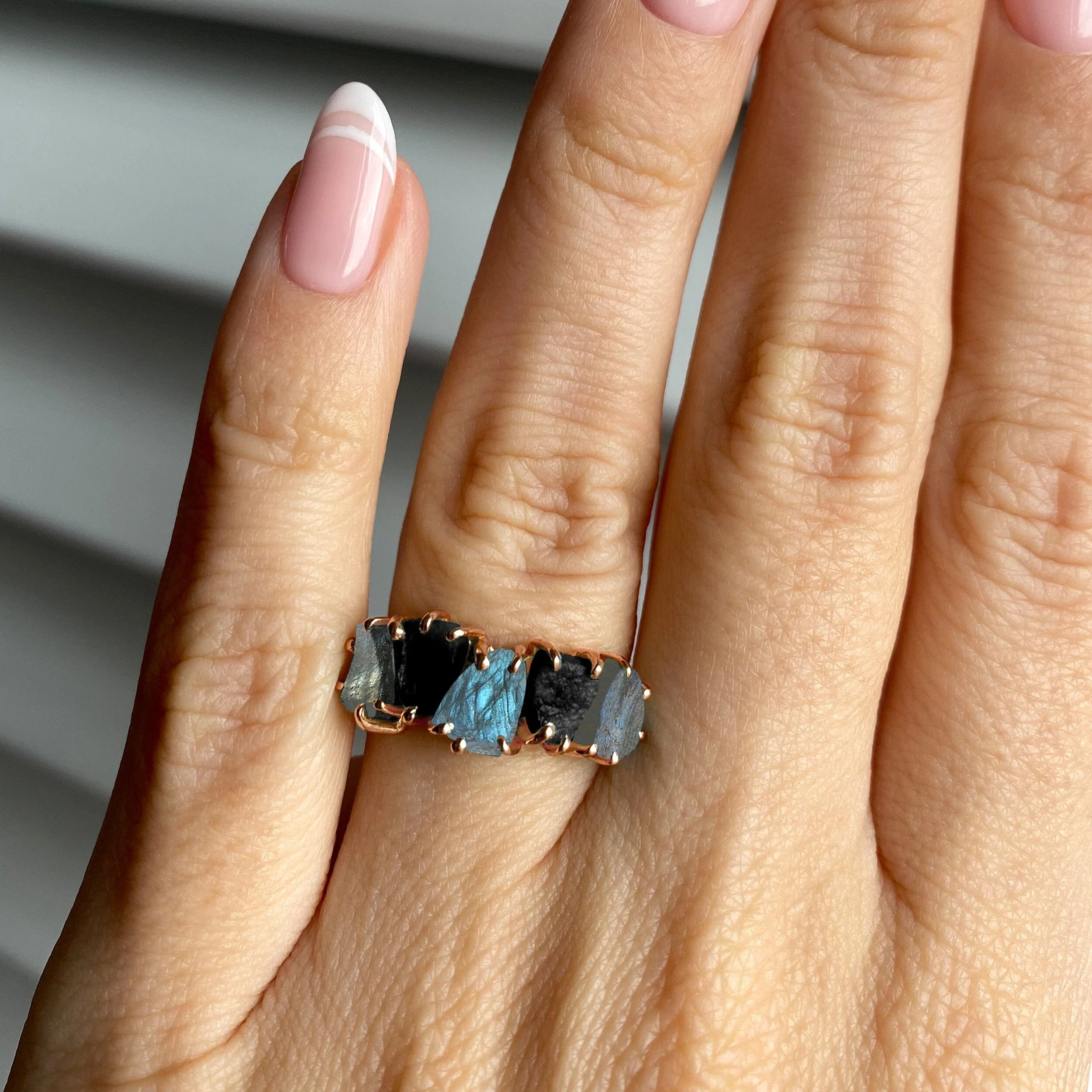 Raw Crystal Ring - Luminous Labradorite & Black Obsidian - Image 5