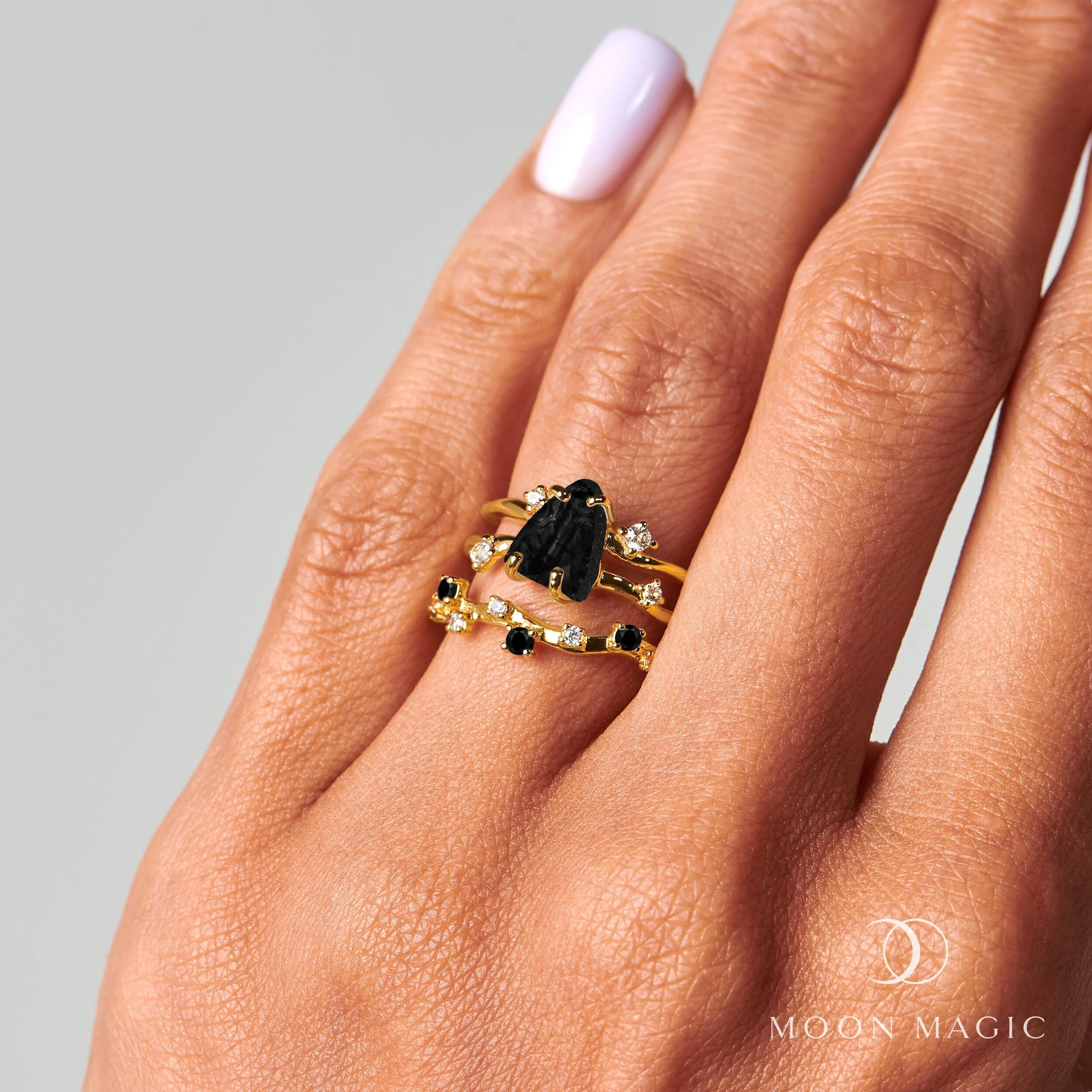 Black Obsidian Flow Ring & Black Onyx Stardust Band - Image 27